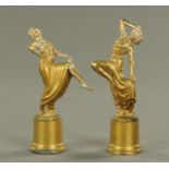 A pair of Art Deco patinated spelter figures of dancing girls, circa 1920's,