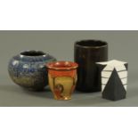 Four pieces of Art Pottery, all bearing signature, initials or stamps. Tallest 14 cm.