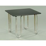 A glass topped coffee table, with tubular framed chromed base, in the manner of PEL. Width 68 cm.