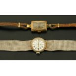 A ladies 9 ct gold Art Deco wristwatch, and a Rotary silver cased wristwatch with mesh bracelet.