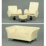 A contemporary cream leather two seater settee, two swivel armchairs and a footstool,