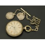 A silver cased pocket watch, with gold coloured metal numerals,