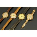 Four vintage 9 ct gold cased ladies wristwatches.