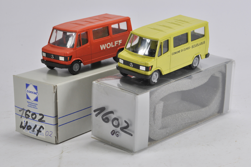 Conrad No. 1602 Mercedes Minibus Van x 2 including WOLF and School Bus. M in Boxes. Rare. (2)