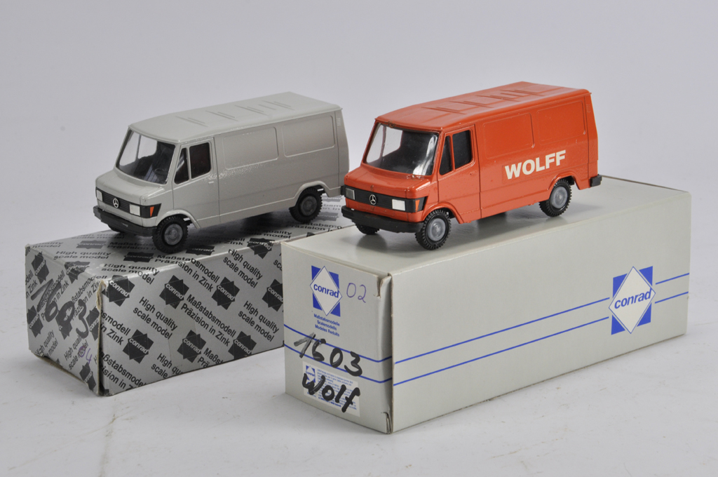 Conrad No. 1603 Mercedes Van x 2 including WOLF and one other. M in Boxes. (2)