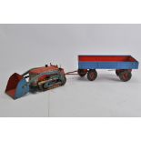 Gescha Tinplate Crawler Tractor with front loader and 4 wheel Tiping Trailer. Generally F to G.