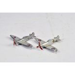 Dinky Toys No.62A Spitfire x 2. Silver, dark blue/red roundels to wings, RAF roundels with yellow