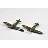 Dinky Toys No.62E Pre-War Vickers Supermarine Spitfire x 2. Green/brown camouflage, silver