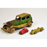 Wells Pre-War Tinplate Saloon Car in Green and Cream plus two other tinplate issues. F to G. (3)