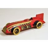Wells Clockwork Open Wheel Racing Car lithographed in red and cream. Missing driver. Approx 30 cm