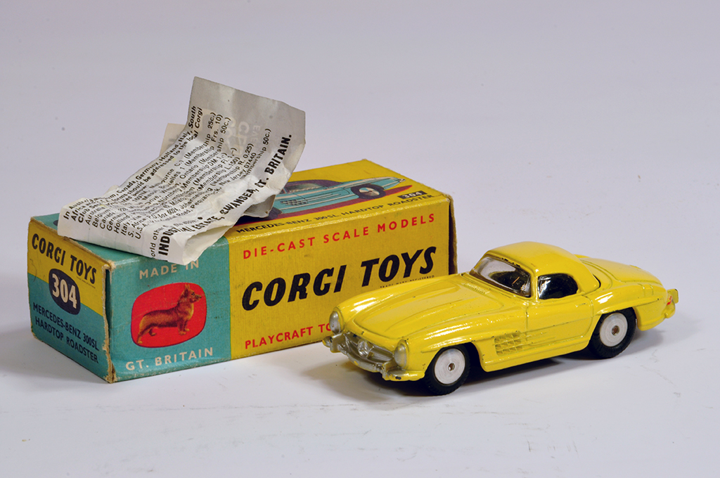 Corgi No. 304 Mercedes 300SL Hard-Top in hard to find yellow shade. Generally E to NM in G to VG