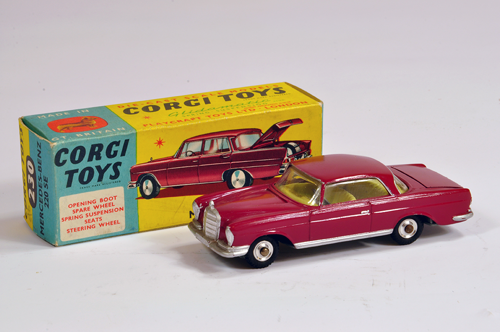 Corgi No. 230 Mercedes 220SE Coupe. Dark Red. NM in VG to E Box.