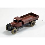 Dinky No. 25e Tipping Wagon with brown cab and back, black chassis and smooth hubs with white tyres.