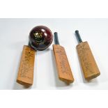 Lords Cricket Commemorative Cricket Bats and Ball for various tests. Generally VG to E. (4)