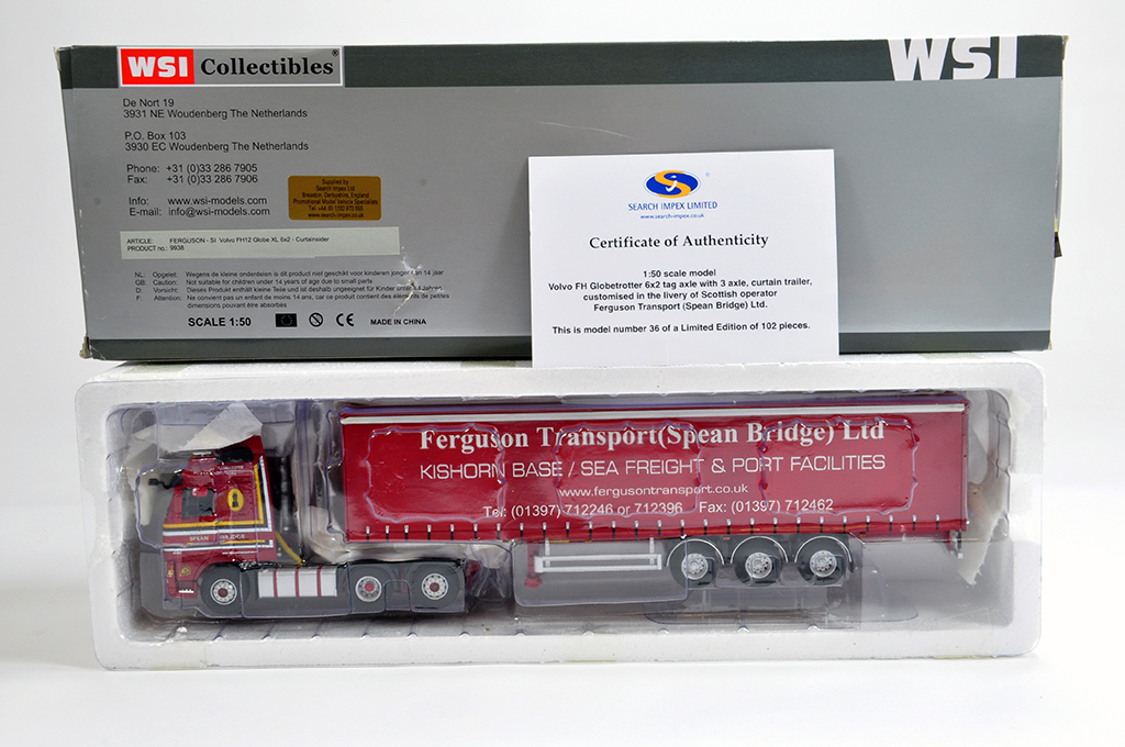 WSI 1/50 Diecast Truck comprising Search Impex Volvo FH Globetrotter 6X2 with Curtain Trailer.