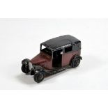 Dinky No. 36g Taxi in maroon, black chassis, roof and ridged hubs with black smooth tyres. Needs a