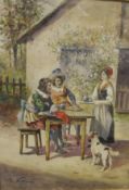G NASI "Two Musketeers supping at a table whilst a maiden serves, a dog looking on", watercolour,