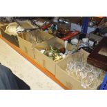 Nine boxes of various china, glassware, ornamental wares,