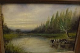 J H S "River landscape with cattle watering in foreground, a cottage in the background",
