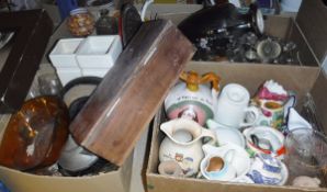 Four boxes of ornamental wares including jugs, pewter teapot, mahogany box, vases, glassware,