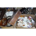 Four boxes of ornamental wares including jugs, pewter teapot, mahogany box, vases, glassware,