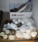 Two boxes of various china wares to include meat platters, tea wares, etc,