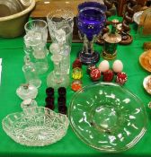 A quantity of various glassware to include blue glass table lustre, two fruit bowls, two vases,