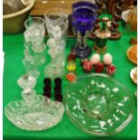 A quantity of various glassware to include blue glass table lustre, two fruit bowls, two vases,