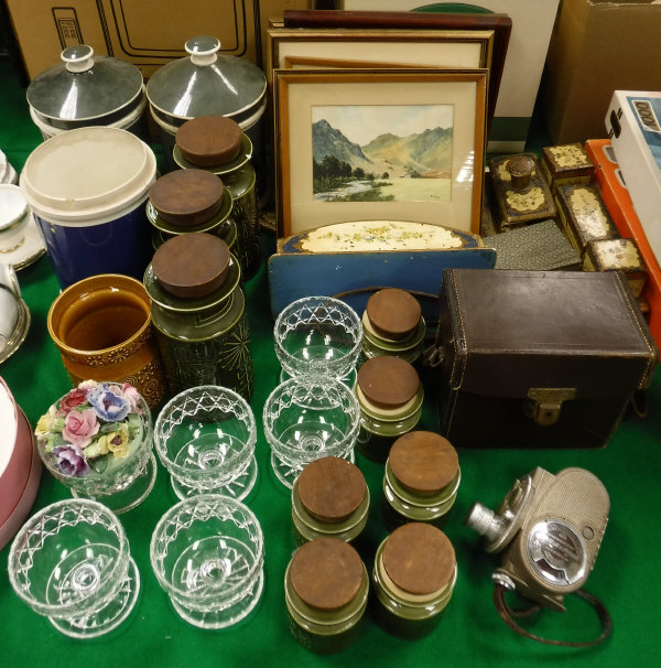 Three various storage jars, two with covers, three large green Portmeirion "Totem" jars,