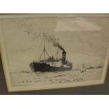 AFTER NORMAN WILKINSON "Steamer Ship at sea, lighthouse on rock to background", dry point etching,