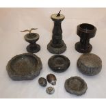 A collection of Serpentine wares comprising a model of a sundial, model of a font,