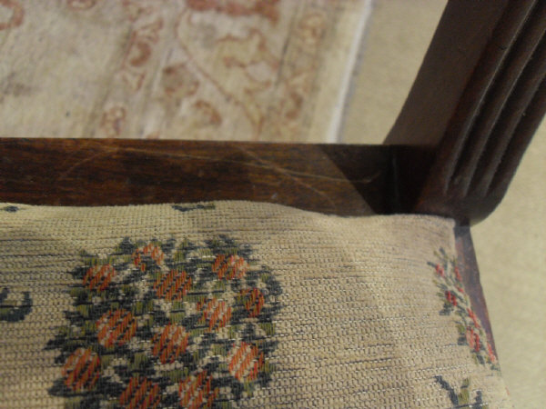 A pair of George III mahogany elbow chairs with bar back and scroll arms above upholstered seats - Image 5 of 10