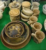 A collection of Diana Worthy Studio Pottery mugs, jars, plates and bowls, etc,