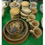 A collection of Diana Worthy Studio Pottery mugs, jars, plates and bowls, etc,