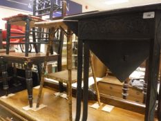 A carved oak single drop-leaf table, bamboo occasional table, two spindle back chairs,