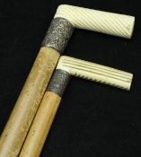 A Victorian ivory handled malacca walking cane with silver ferrule,
