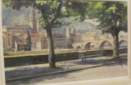 P J ASHMORE "The Bridge, Heidelberg", watercolour,