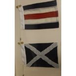 Two boxes of assorted pictures and prints to include nautical signalling flags,