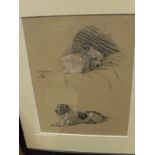 A box of assorted pictures and prints to include IN THE MANNER OF CECIL ALDIN "Sealyham and Setter",