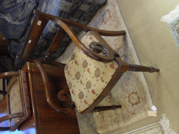 A pair of George III mahogany elbow chairs with bar back and scroll arms above upholstered seats - Image 2 of 10