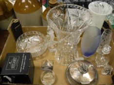 A box of various glassware to include a butter dish with plated mounts,