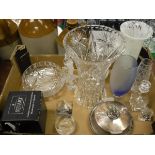 A box of various glassware to include a butter dish with plated mounts,