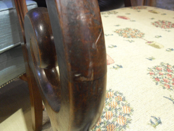 A pair of George III mahogany elbow chairs with bar back and scroll arms above upholstered seats - Image 8 of 10