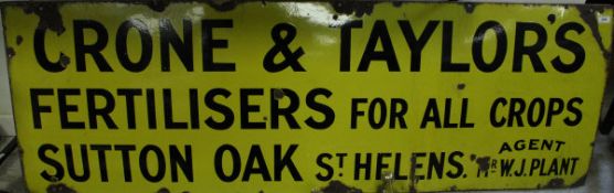 A vintage enamelled advertising sign "Crone & Taylor's Fertilisers for all Crops Sutton Oak St.