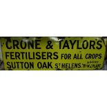 A vintage enamelled advertising sign "Crone & Taylor's Fertilisers for all Crops Sutton Oak St.