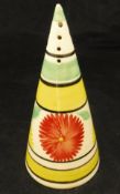 A Clarice Cliff "Bizarre" conical sugar caster decorated with floral medallion decoration amongst