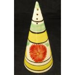 A Clarice Cliff "Bizarre" conical sugar caster decorated with floral medallion decoration amongst