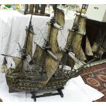 A painted wooden scale model of "The Victory", the sails of painted sail cloth,