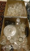 Two boxes of various glassware to include drinking glasses, decanters, bowls, jugs,