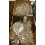 Two boxes of various glassware to include drinking glasses, decanters, bowls, jugs,